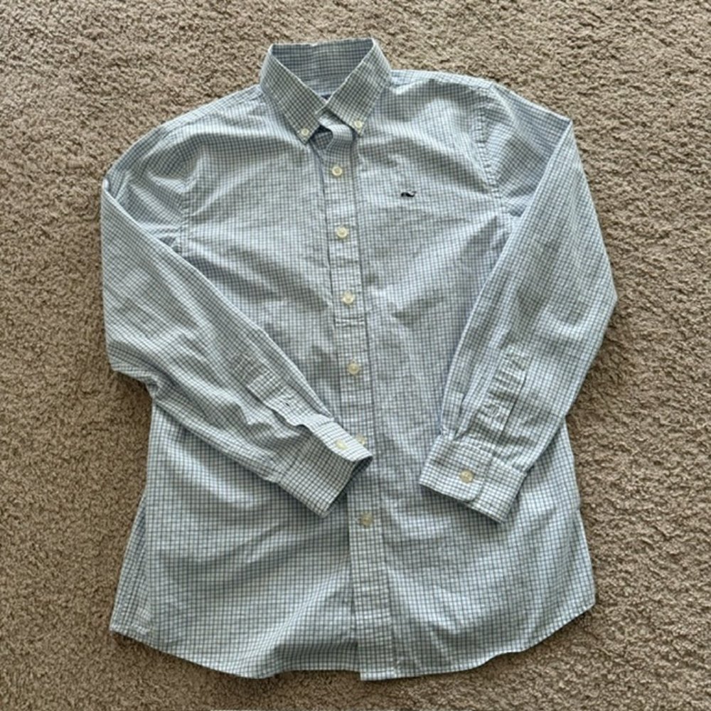 Boys Vineyard Vines Blue/White Plaid Button Down Medium